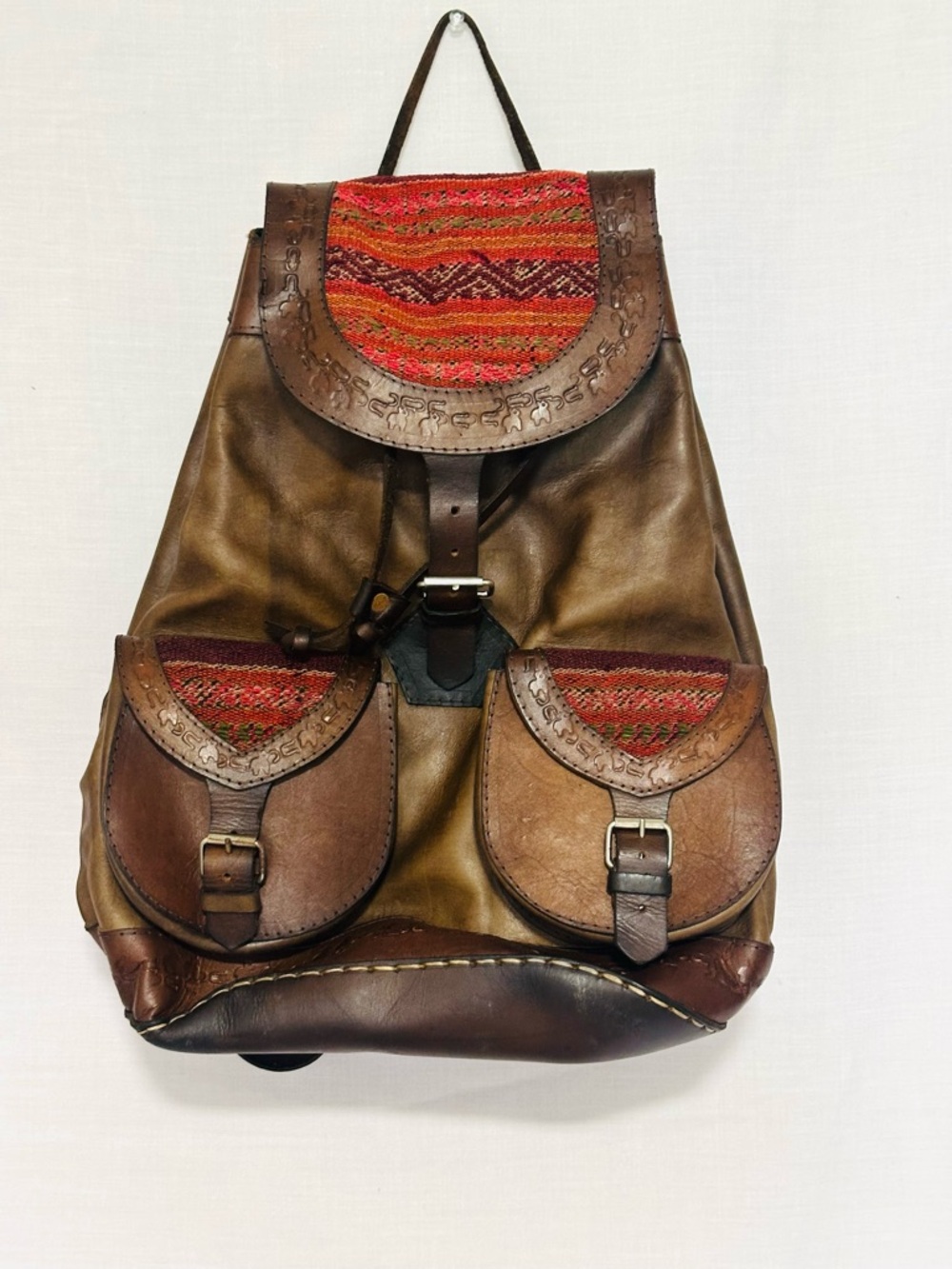 Handmade Peruvian Leather Backpack Boho Tooled Brown Woven Textile Artisan Bag